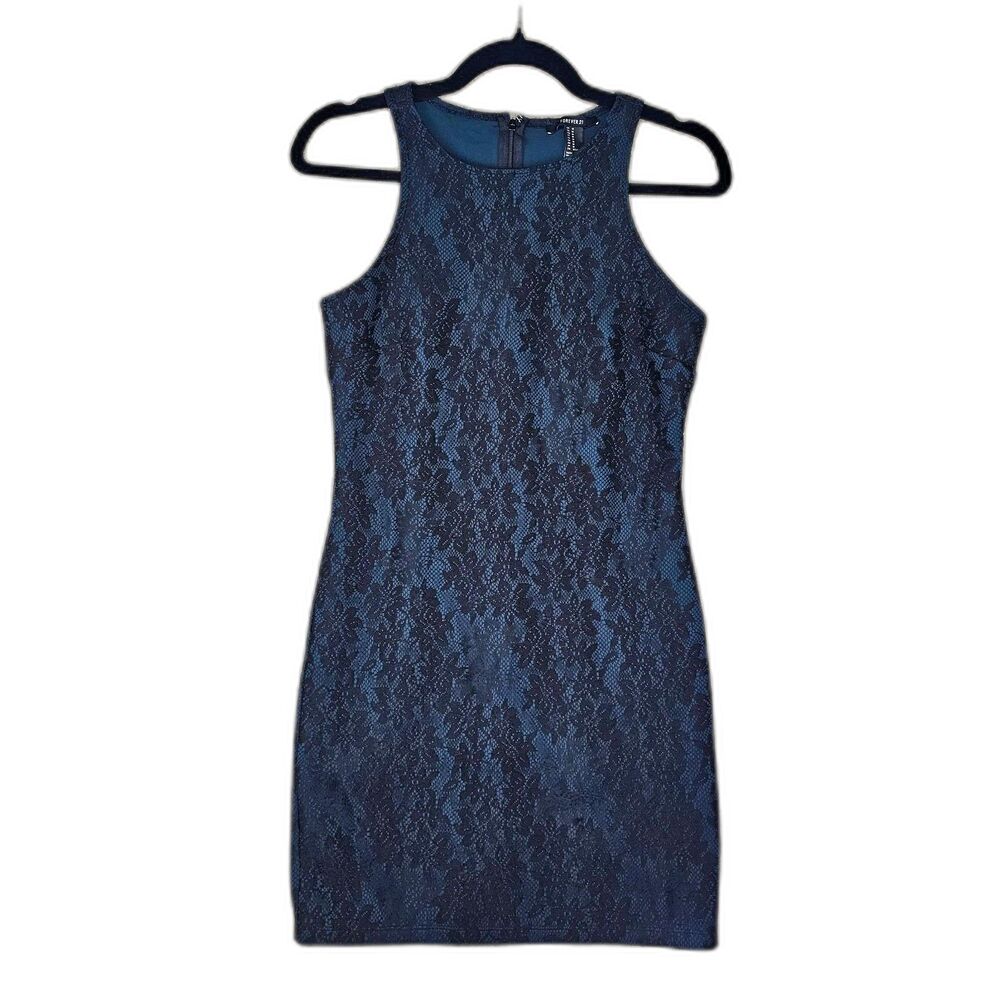 Forever 21 Teal Black Lace Bodycon Dress Size Medium Mini Sleeveless Cocktail